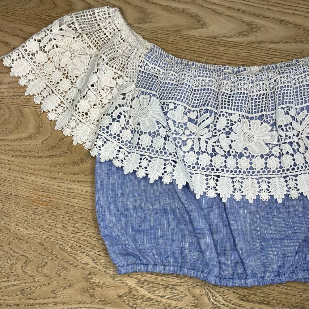Miguelina Dakota Chambray Lace Crochet Off The Shoulder Crop Top Blue Size Small - Picture 2 of 8